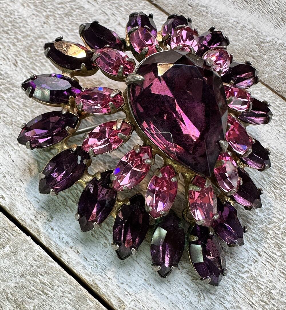 Vintage Purple Pink Dome Teardrop Hook & Eye Austria Style Brooch Pin READ
